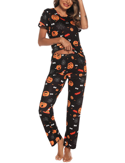 EISHOPEER Women's Halloween Pajama Set Printed Short Sleeve Top & Long Pants Sleepwear Pjs Sets Black XS