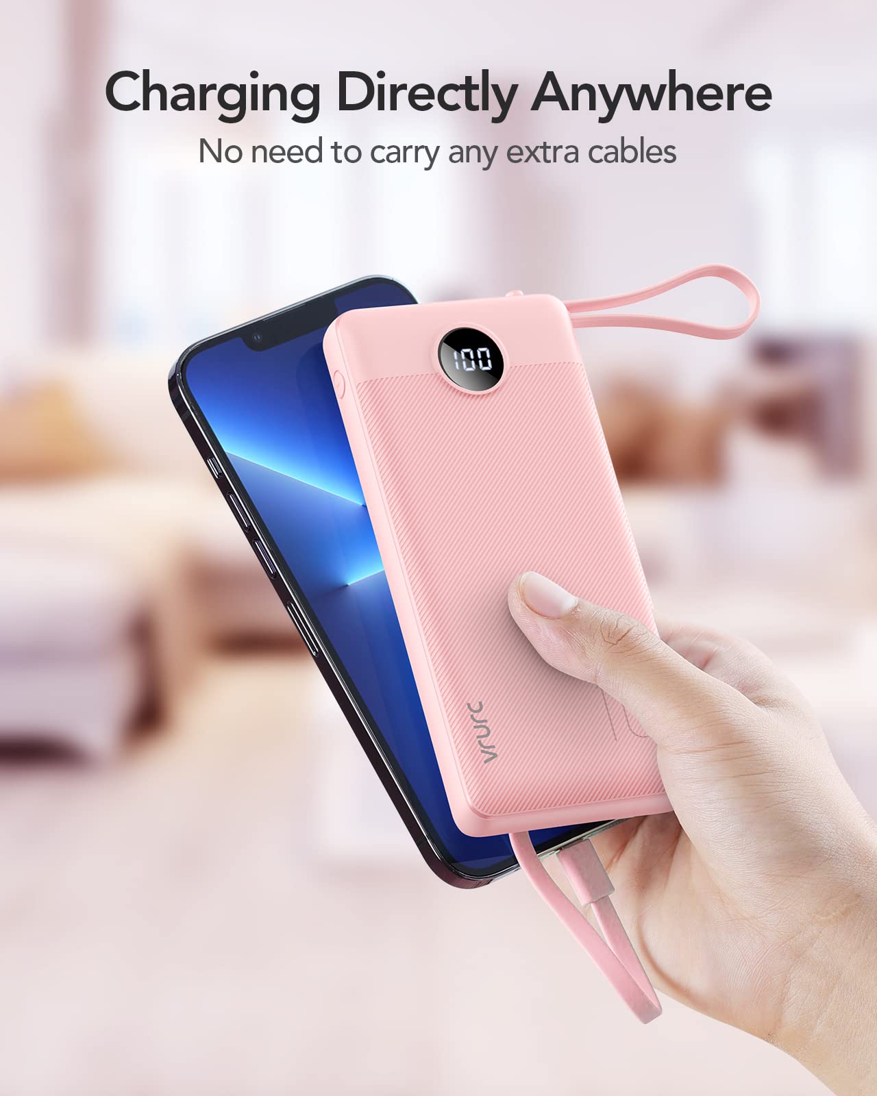 VRURC Portable Charger with Built in Cables, Slim Power Bank 10000mAh, USB C Battery Pack Travel Essential, 5 Outputs 2 Inputs Phone Charging Bank for iPhone 16 15 14 13,Samsung,Android-Black(1 Pack)