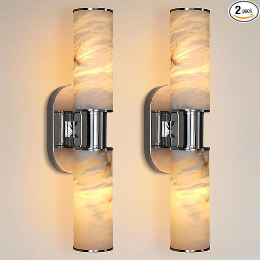 22.2" Alabaster Wall Sconce Set of 2, Brass Bathroom Wall Sconce, Spanish Natural Marble Sconces Modern Wall Lights Lamps for Bedroom Living Room Stairs Indoor Hallway Vanity, Nickel