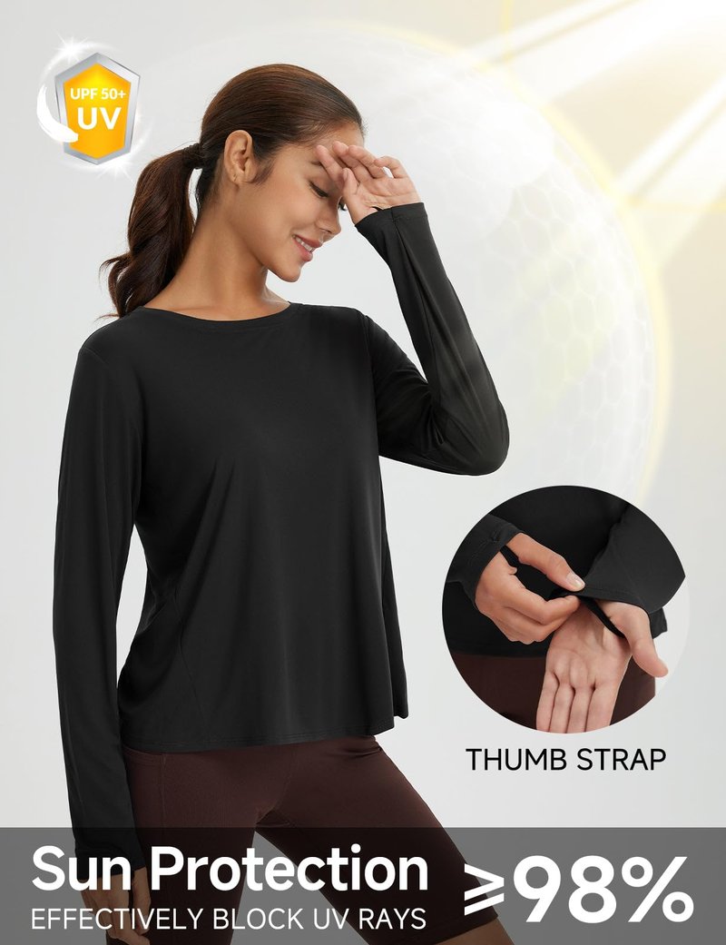 baleaf Women's Running Sun Shirts Long Sleeve UPF 50+ Workout Tops UV Athletic Shirts Split Back Gym SPF Quick Dry Lightweight Breathable Black M