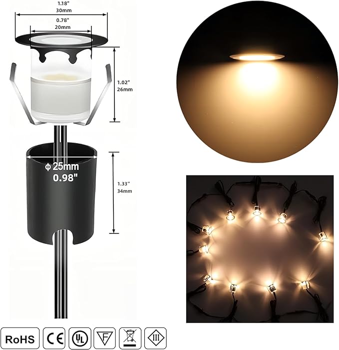 Warm White Recessed LED Deck Light, RNEHON 12V Low Voltage Step Lights with Protecting Shell, Φ1.18 Landscape Lights Outdoor for Garden,Yard Steps,Stair,Patio,Floor,Kitchen Decoration