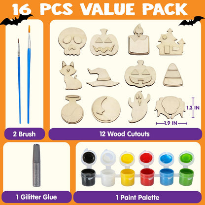 JOYIN 12 Pcs Halloween Wood Craft Kit, Wooden Magnet Creativity Arts Painting Kit, DIY Halloween Painting Craft for Kids Party Supplies, Toddler Party Favors Family School Activities