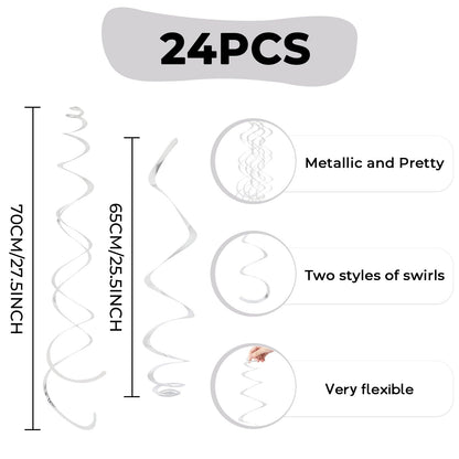 24 PCS Silver Foil Hanging Swirl, Sparkle Ceiling Hanging Decorations, Plastic Streamer Party Decorations, Swirl Decorations with Double-Swirls and Single-Swirls for Birthday, Baby Shower, New Years