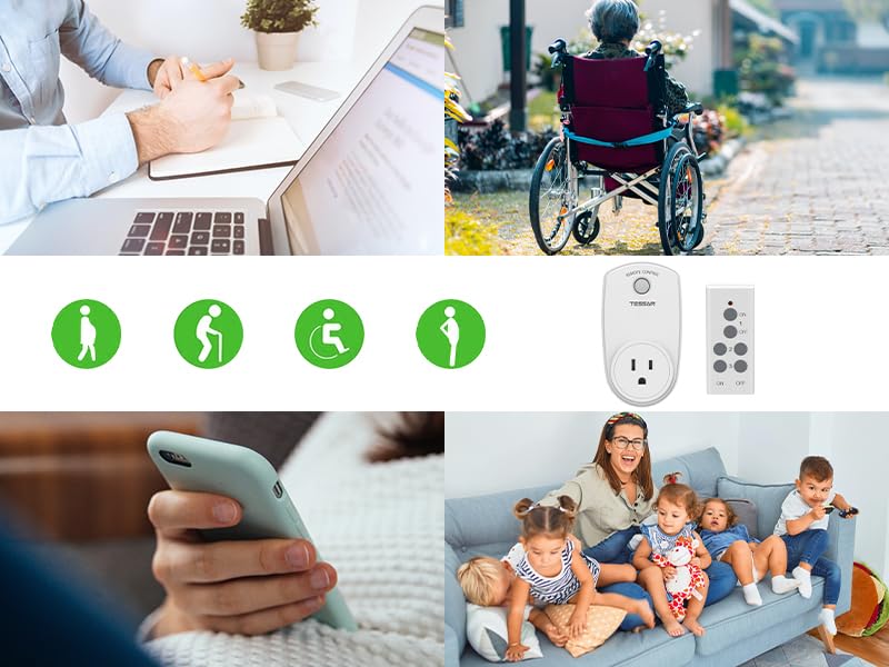 3 Pack Remote Control Outlet, TESSAN Wireless Electrical Plug Switch for Lights, Lamps, Fans, 100ft RF Range Indoor On/Off Switch, 1200W (1 Remote + 3 Outlet)