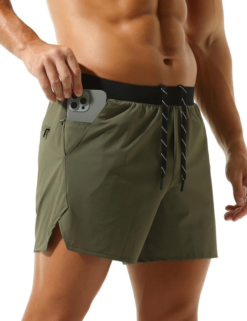Rexcyril Men's Gym Workout Running Shorts 5 Inch Quick Dry Athletic Bodybuilding Shorts with Zipper Pockets, ArmyGreen/Black, Small