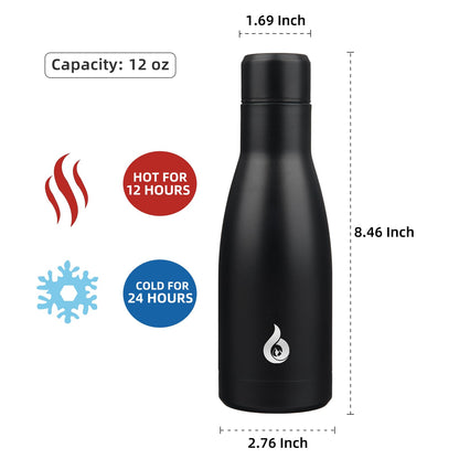 BJPKPK Insulated Water Bottle 12oz Small Stainless Steel Water Bottles Reusable Metal Thermal Keep Cold and Hot,Midnight Black