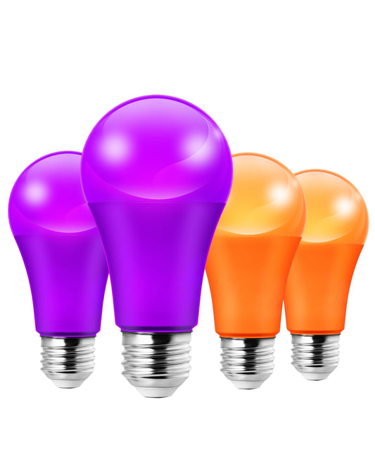 EDISHINE Halloween Purple & Orange Light Bulbs, 14W Purple LED Bulb Equivalent 100W Colored Light Bulbs, E26 Base A19 Orange Light Bulb for Halloween Decoration, Party, Porch Patio, 4 Pack