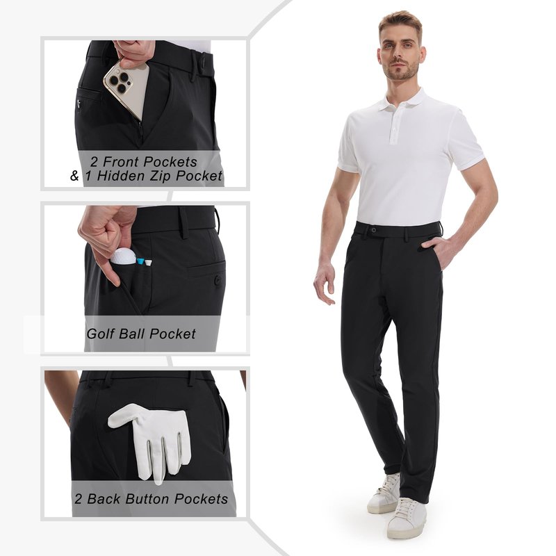 Hiwise Men's Golf Pants Stretch Dress Pants 30"/32"/34" Comfy Lightweight Casual Trousers Quick Dry Travel Pants with Pockets(Black, 34WX32L)