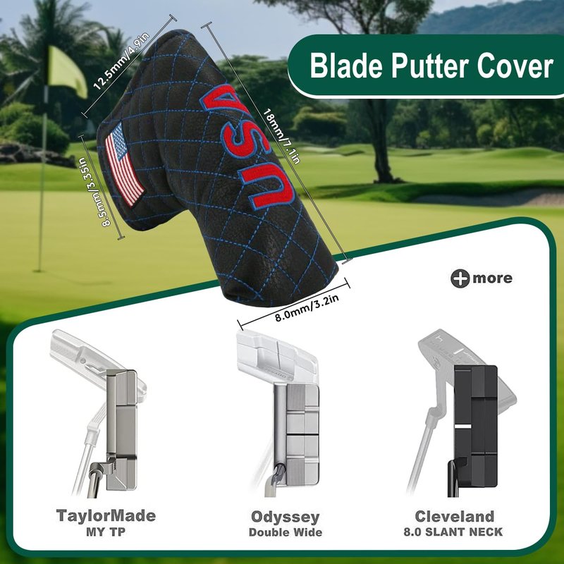 PINMEI Golf Head Covers Blade Putter Cover Blade Headcover Magnetic American Flag Headcovers Fit for Titleist Callaway Ping Taylormade Cobra Ect. (Black/Blue American Flag Putter Cover)