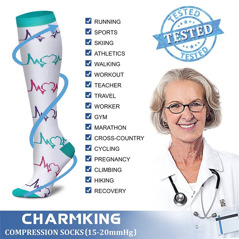 CHARMKING Compression Socks for Women & Men (8 Pairs) 15-20 mmHg Graduated Copper Support Calf Socks are Best for Pregnant, Nurses - Boost Performance, Circulation, Knee High Wide Calf(S/M, Multi 06)