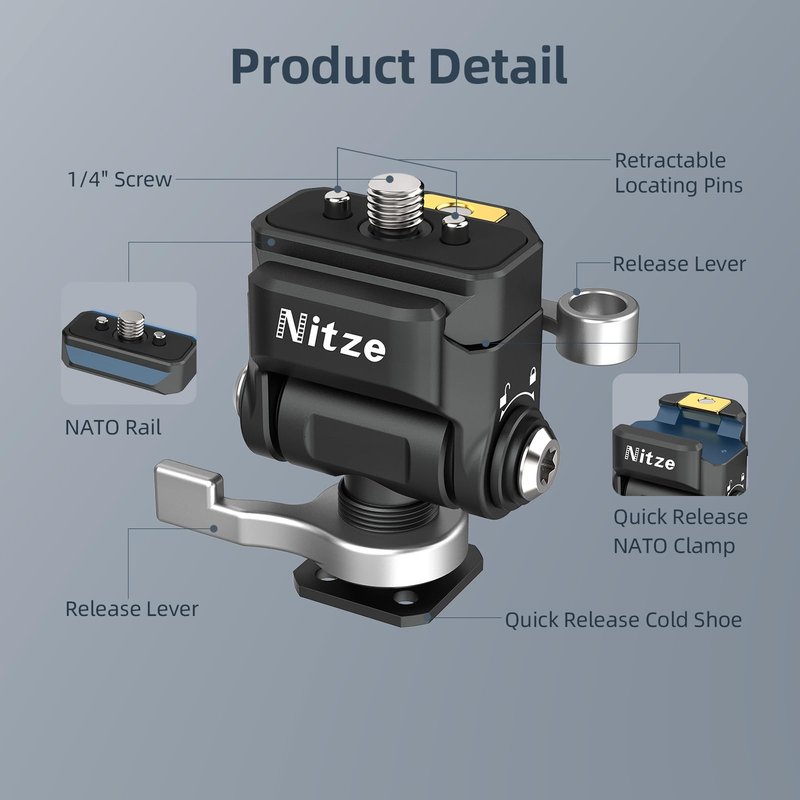 Nitze Quick Release Camera Monitor Mount (NATO Rail with 1/4” Screw and Retractable Pins to Cold Shoe), Field Monitor Mount with Adjustable NATO Clamp, 170° Tilt and 360° Pan - N54-S1