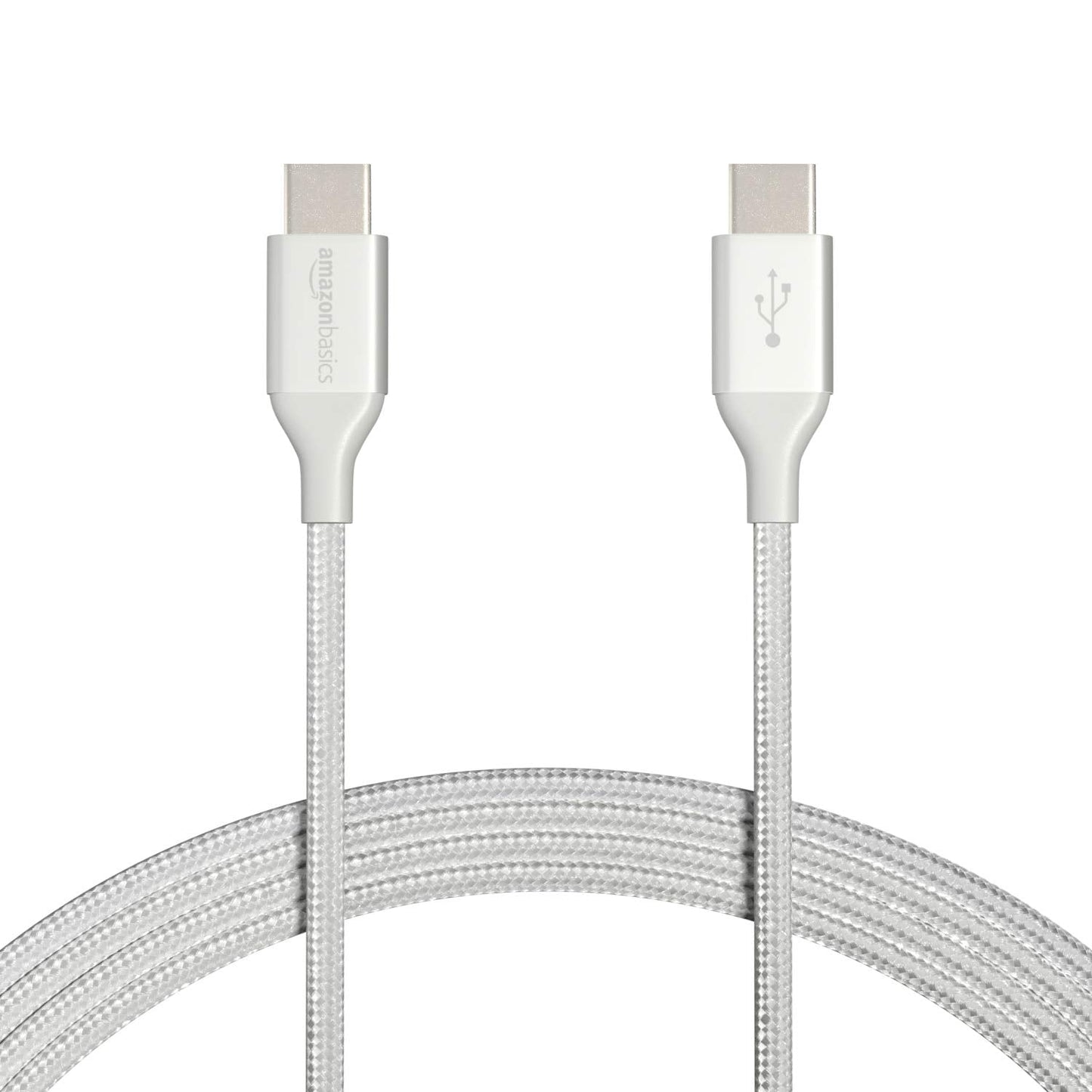 Amazon Basics USB-C to USB-C 2.0 Fast Charger Cable, Nylon Braided Cord, 480Mbps Speed, USB-IF Certified, for Apple iPhone 16/15, iPad, Samsung Galaxy, Tablets, Laptops, 10 Foot, Silver