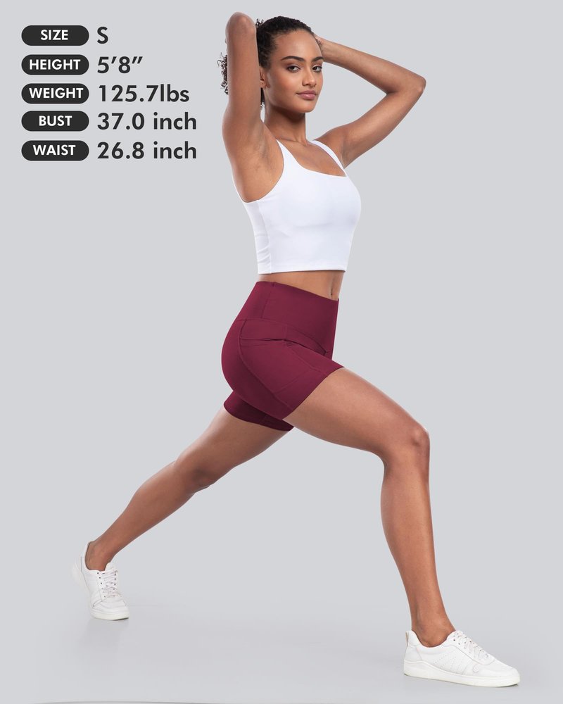 CHRLEISURE Womens Biker Yoga Shorts with Pockets: High Waisted Tummy Control Spandex Workout Athletic Gym Shorts 4 Packs(5'' Black,Gray,Navy,Wine, L)