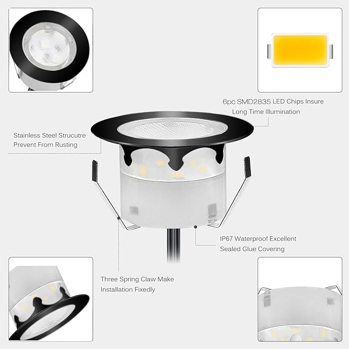20pcs Low Voltage LED Deck Lights Kits Multi-Color RGB Stainless Steel Waterproof Outdoor Yard Garden Recessed Wood Decoration Lamps Landscape Pathway Patio Step Stairs Black Border(20Pack)