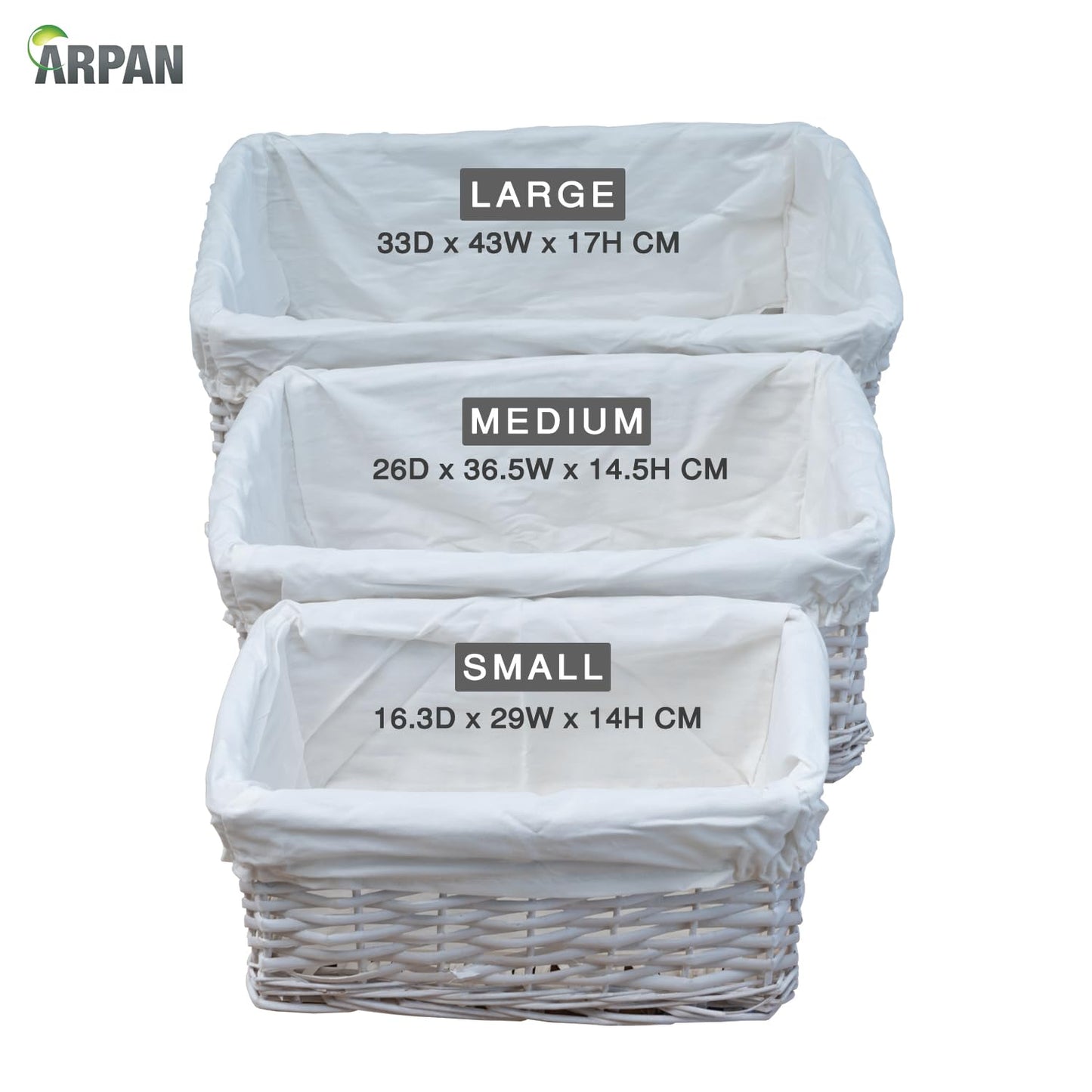 Arpan White Wicker Storage & Hamper Basket with White Cloth Lining – Small, Medium & Large Gift Baskets for Xmas, Wedding, Confetti & Parties, Snack Basket, Wicker Baskets Multipack