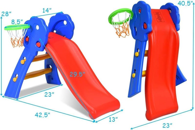 KOTEK Folding Toddler Slide for Indoor and Outdoor, Freestanding Plastic Baby Slide Climber Playset, Easy to Store, Anti-Slip Steps, Kids Playground Toy Ages 3-5 (Blue with Basketball Hoop)