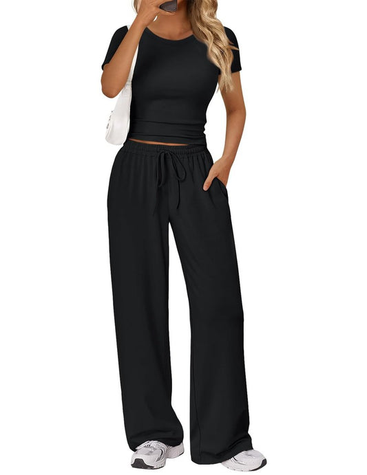 GraceSelect 2 Piece Lounge Set for Women Summer, Slim Short Sleeve Top Wide Leg Pants Workout Matching Outfit
