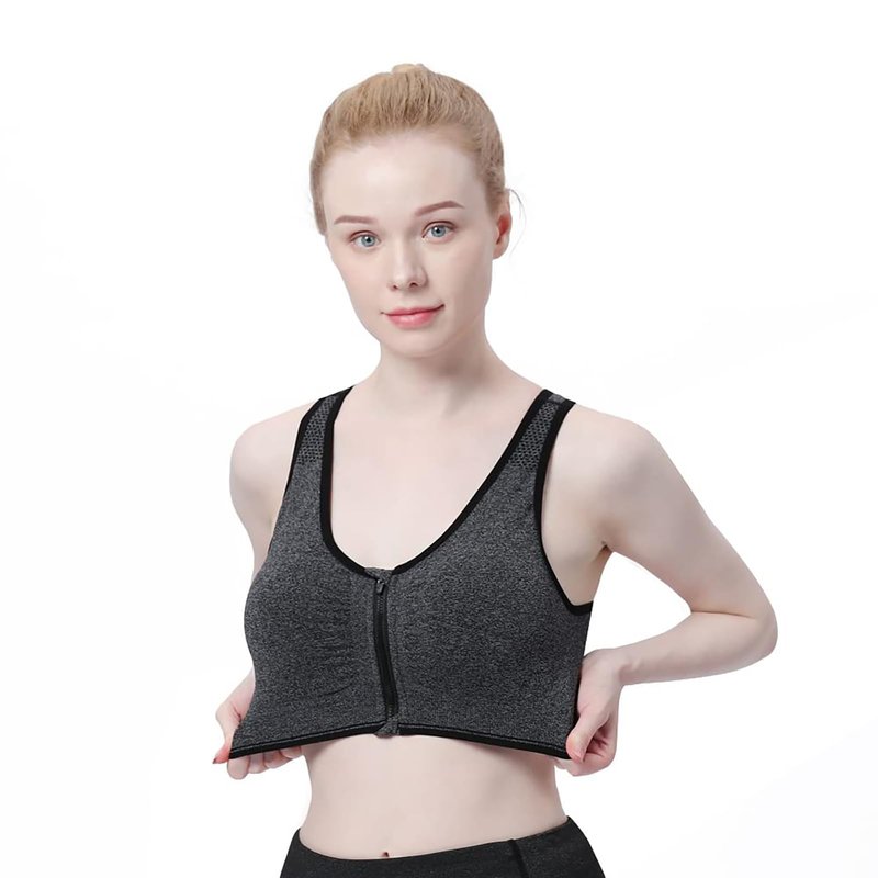 Women's Zip Front Sports Bra Wireless Post-Surgery Bra Active Yoga Sports Bras (XL:Fit 36D,36DD,38C,38D,40B,40C, 3 Pack(Black+Grey+Flesh))