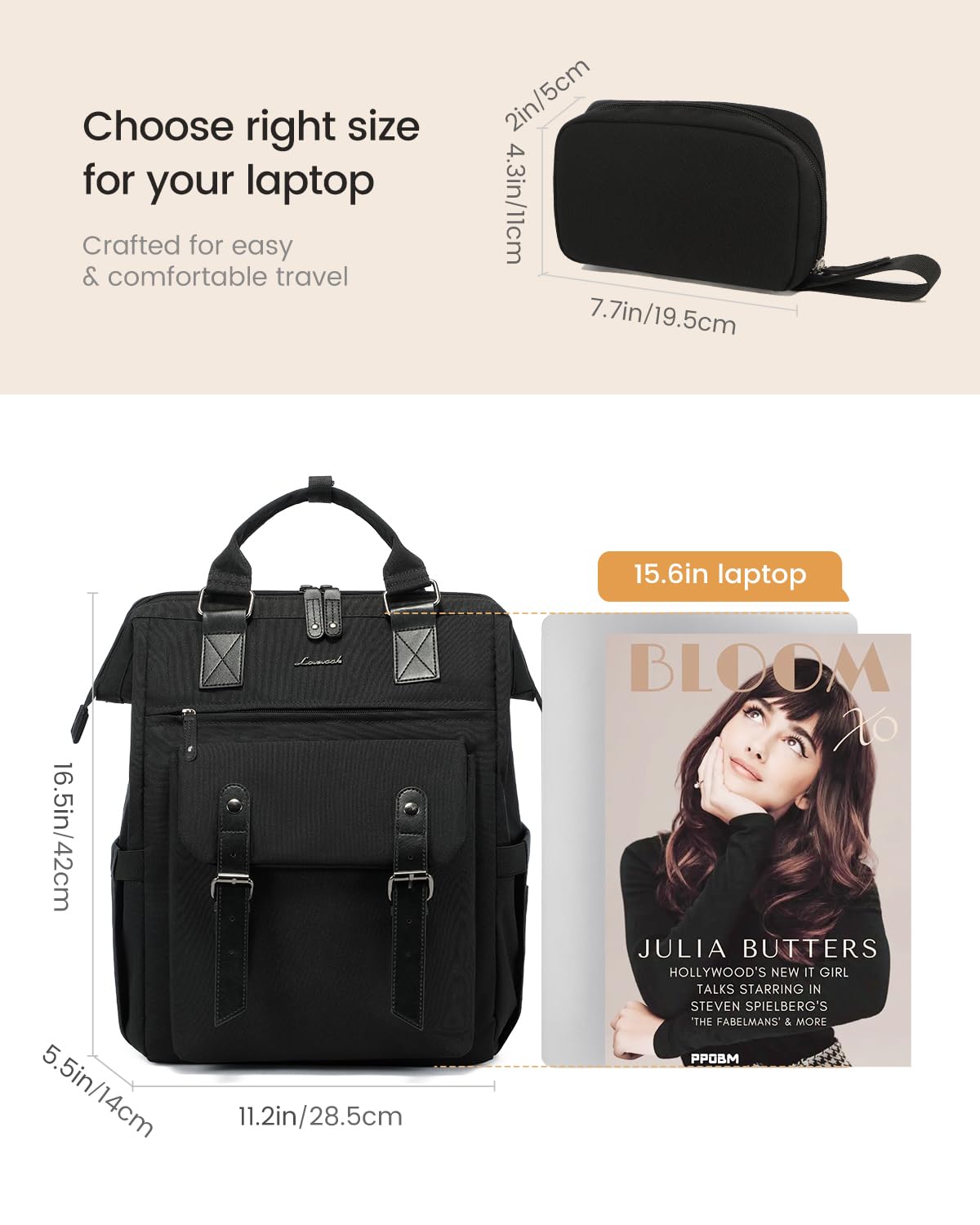 LOVEVOOK Women Laptop Backpack With Electronics Organizer Bag, USB Charging Port, 15.6inch, Water-resistant Rucksack For School College University Travel Work ,Black