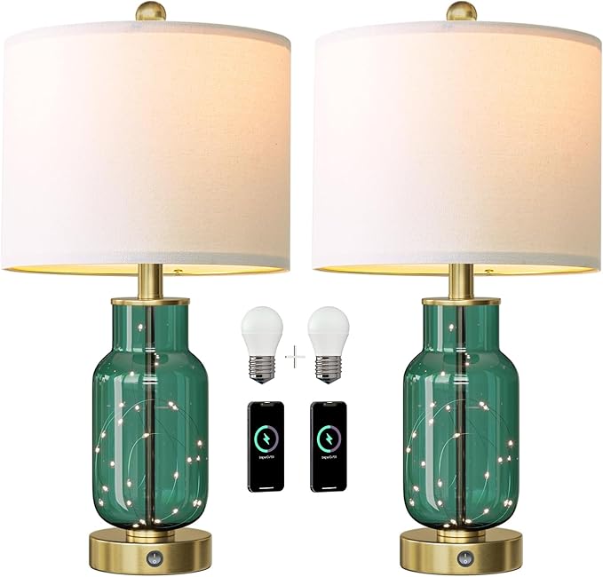 Oneach 22" Glass Table Lamps Set of 2, Green Modern Bedside Lamp with LED Night Light for Living Room, Nightstand Lamp with USB Ports for Bedrooms, Study Room, End Table(2 Bulbs Included)