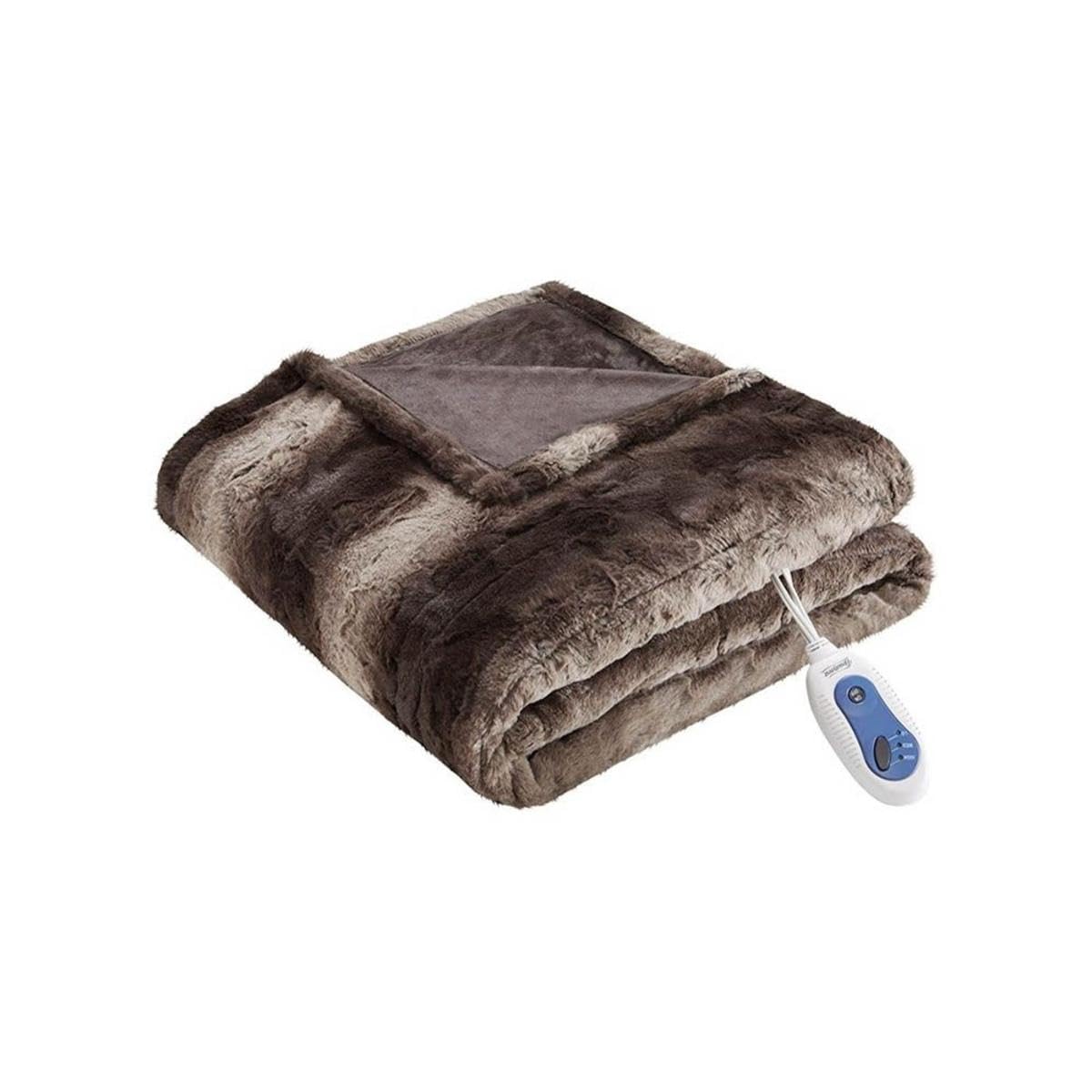 Beautyrest Zuri Reversible Faux Fur to Mink Electric Blanket, Auto Shut Off, Virtually Zero EMF, Multi Heat Setting, UL Certified, Machine Washable, Natural Marble Throw 50x70