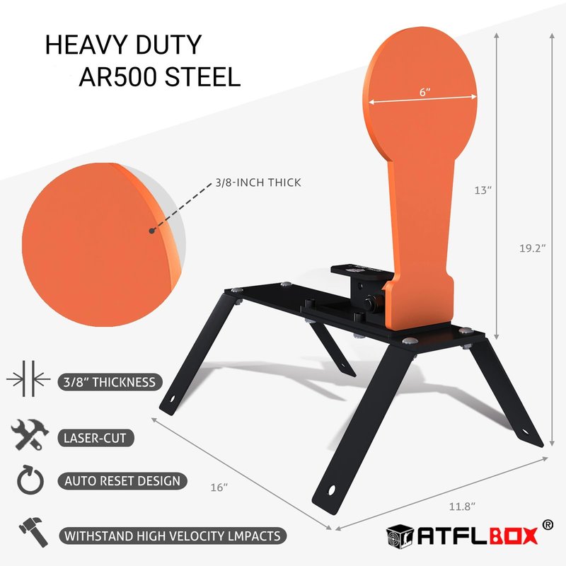 ATFLBOX 3/8" AR500 12.8'' Classic Popper Steel Shooting Target with Stand, 6'' Plate Auto Reset Target for Shooting Range, Suitable for Pistol, Rifle, Handgun, Shotgun, Rimfire