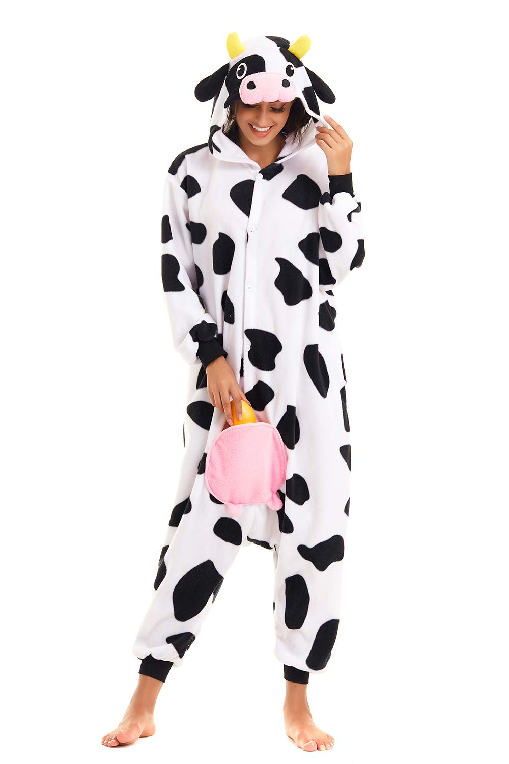 CANASOUR Christmas Cow Onesie Halloween Pajamas For Women Couples Adult Animal Custom With Udders Unisex Anime Cosplay Costumes (Cow,Large)
