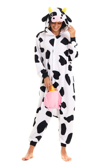CANASOUR Christmas Cow Onesie Halloween Pajamas For Women Couples Adult Animal Custom With Udders Unisex Anime Cosplay Costumes (Cow,Large)