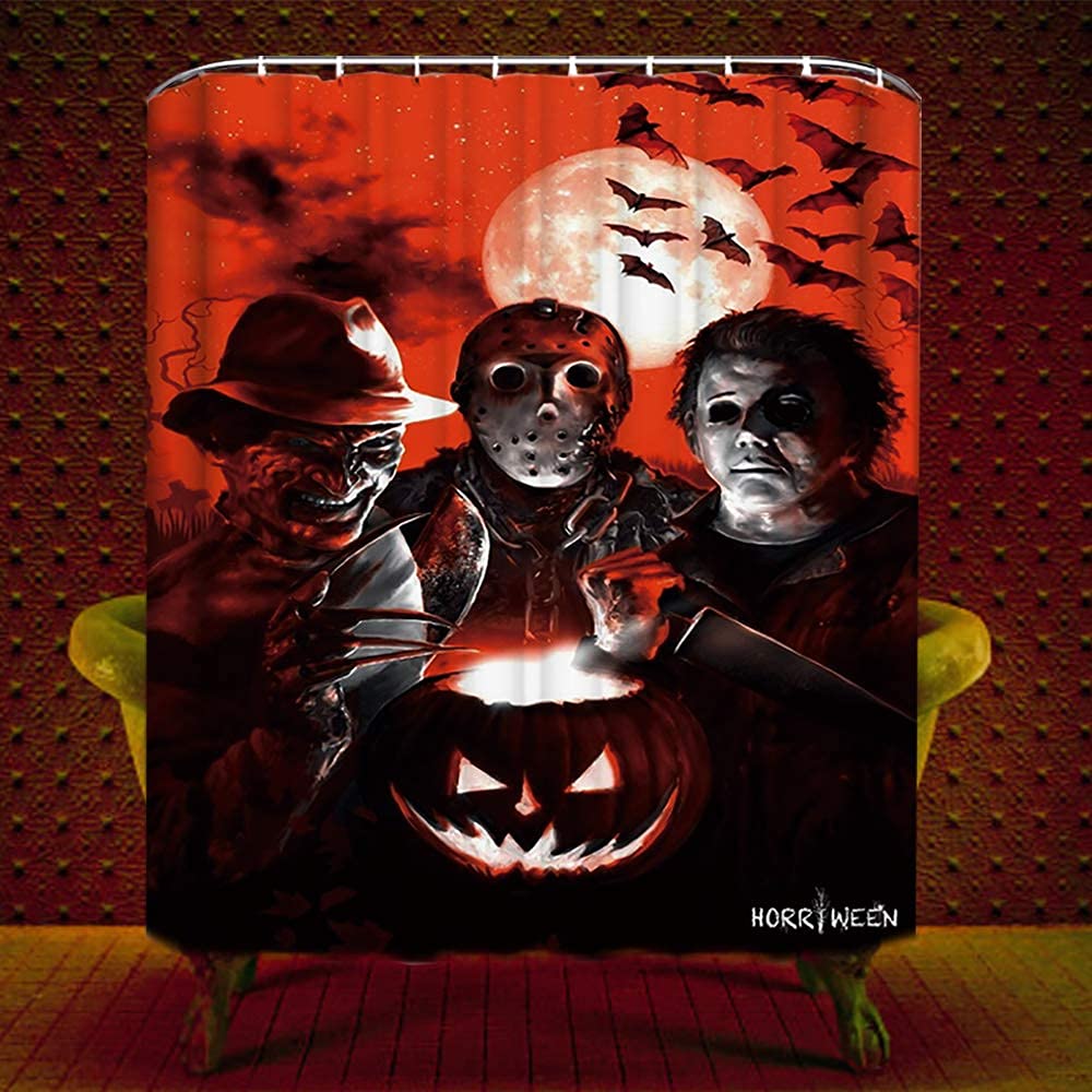 Halloween Shower Curtain Set for Bathroom- Scary Killer Freddy Jason Michael, Horror Movie Themed Holiday Polyester Fabric Decoration with Hooks and Toilet Sticker, Halloween Decor 72x72