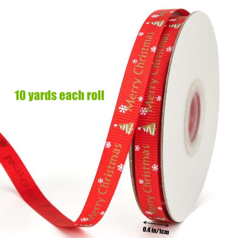 60 Yards 3/8" Wide Christmas Ribbon for Gifts Package Wrapping, Hair Bow Clip Accessory Making, Holiday Christmas Grosgrain Ribbon Set, Winter Season Festival DIY Crafts Decor (6 Rolls)