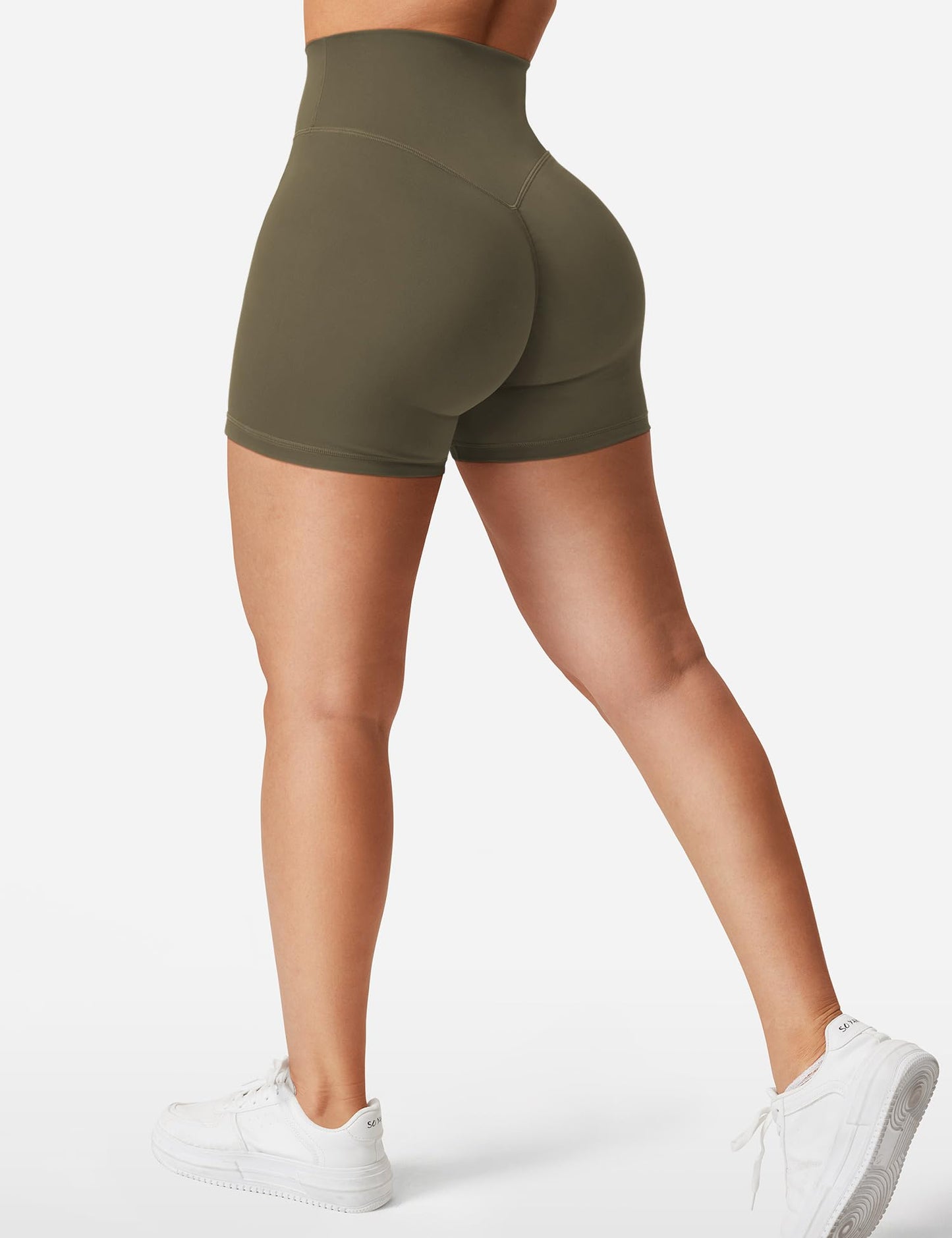 YEOREO Women's Biker Shorts 4.5" / 6" Workout Gym Shorts Craze High Waist Tummy Control Hidden Scrunch Running Yoga Olive Green XL