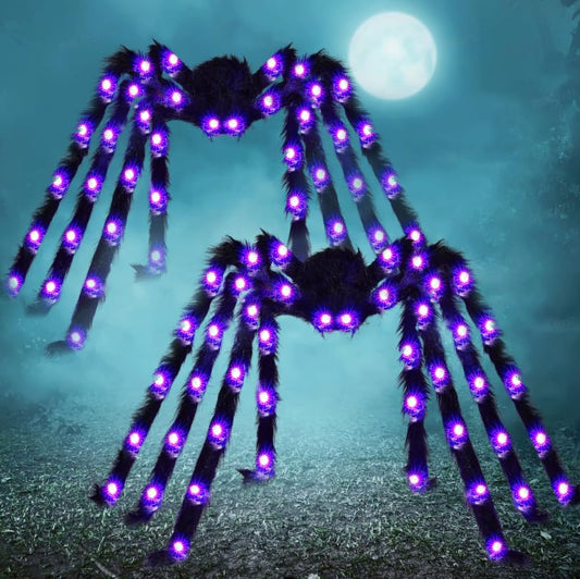 JOYIN 2 Pack 5 Ft Halloween Light Up Spiders Outdoor Decorations, Scary Giant Spider with Purple LED, Fake Large Haunted House Props, for Halloween Lawn Porch Yard Garden Tree Outside Indoor Decor