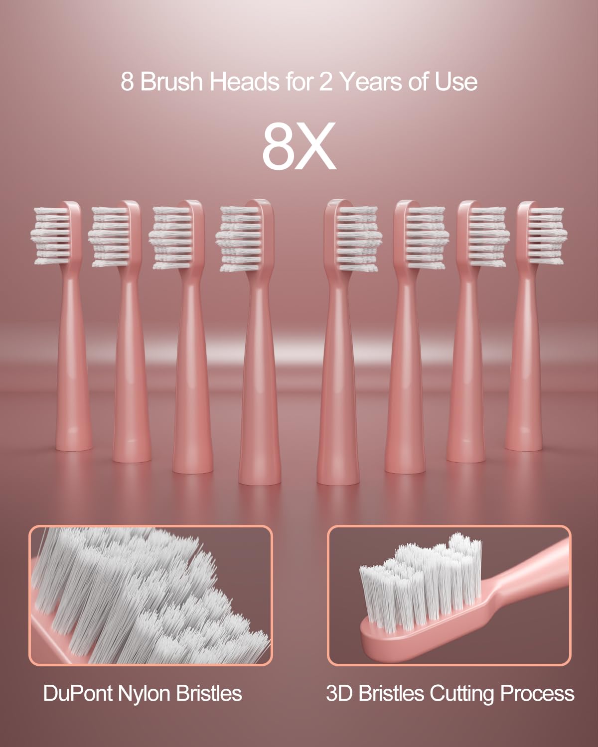 Sonic Electric Toothbrush for Adults, USB Rechargeable Sonic Toothbrush with 8 Brush Heads, Smart Timer, 5 Modes, 2-Hour Fast Charge Last 30 Days, Pink