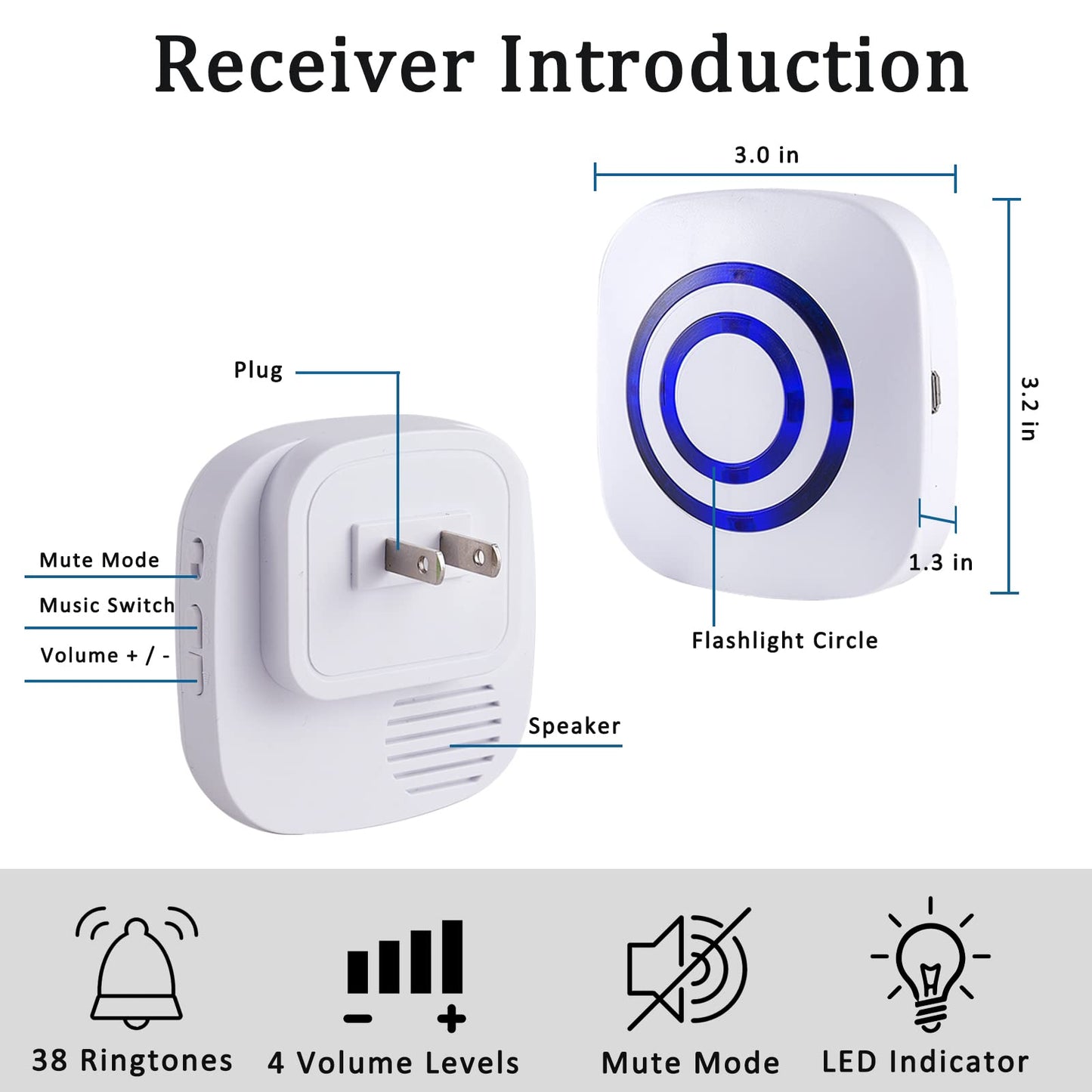 Motion Sensor Alarm, Long Range Wireless Driveway Alarm, Indoor Home Security System Electric Doorbells, 4 Motion Detector and 2 Alarm, 38 Chime Tunes, LED Indicator