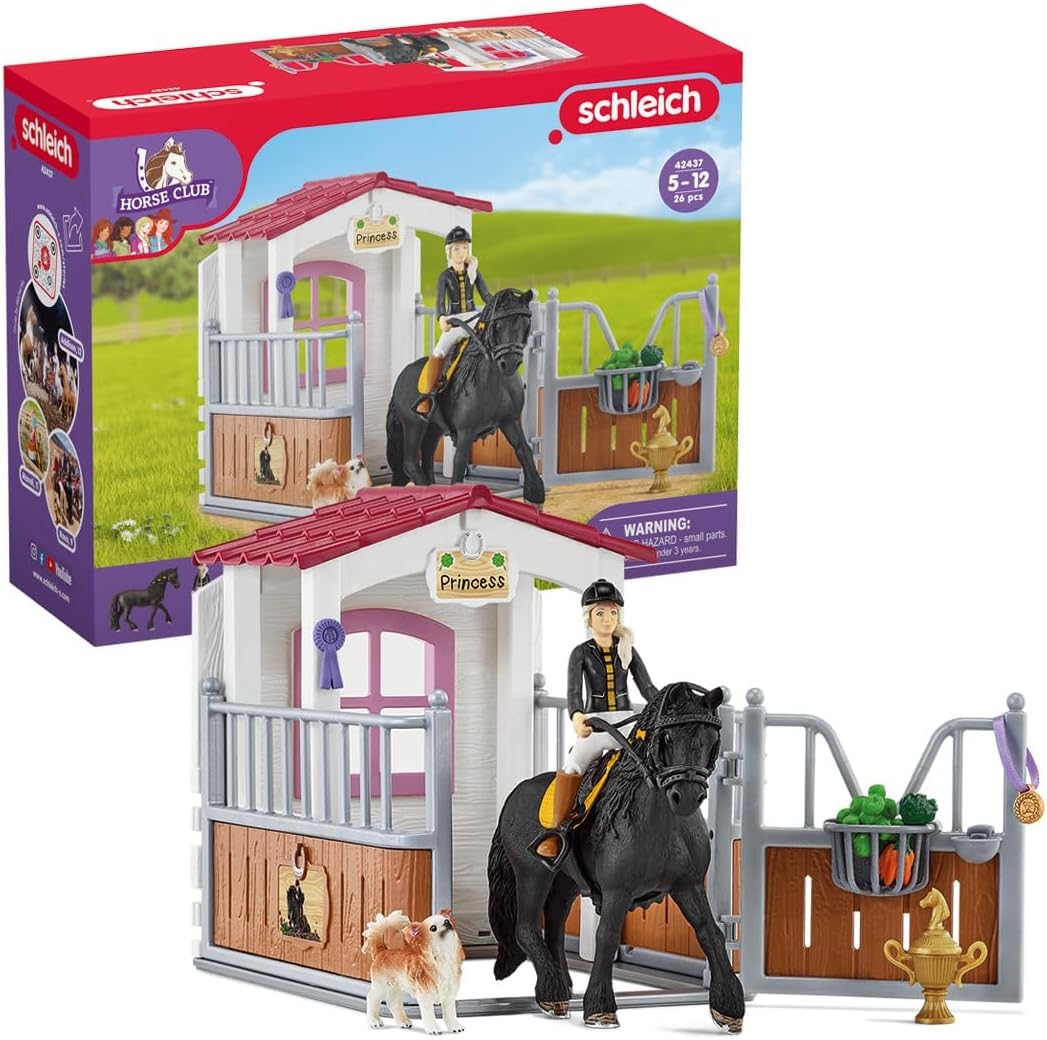 SCHLEICH Horse Club - 26 PC Tori and Princess Horse Toy Stall Playset with Dog Figurine and Accessories - Realistic, Posable Rider Figure and Pony Toys for Girls and Boys - Kids Ages 5+ - 42710