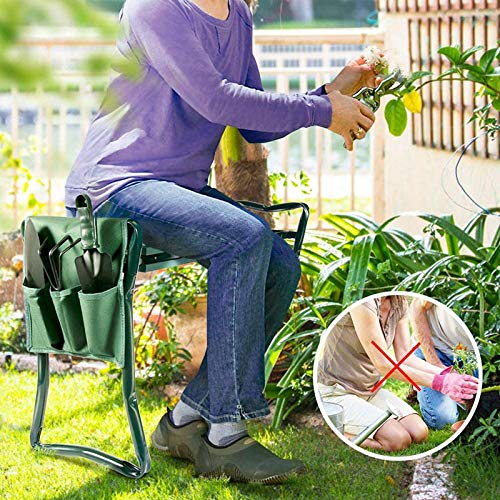 FIAMER Garden Kneeler Seat Folding Stool Work Seat Flower Planting Grass Belt Tool Bag Camping Outdoor Portable Garden Stool with 1 Bonus Tool Pouches (23.5"x19.3", Green)