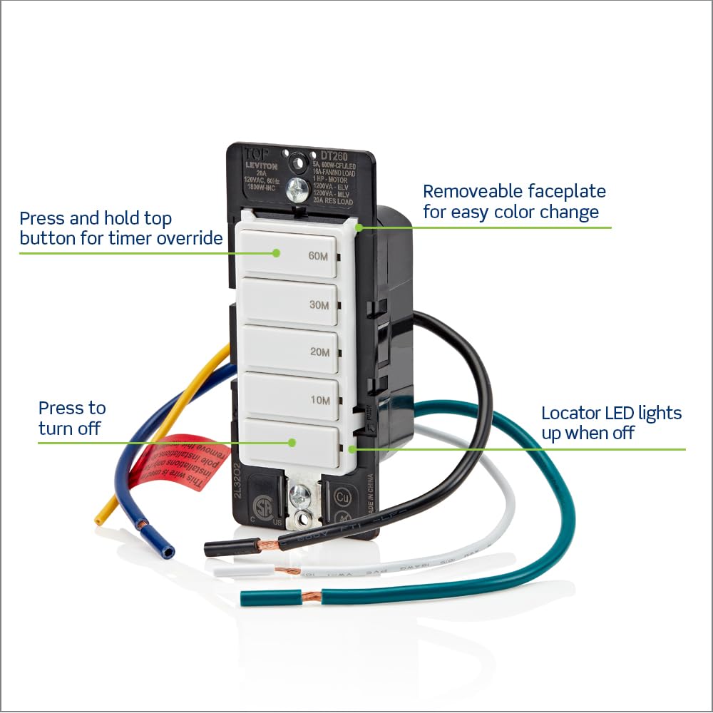Leviton Countdown Timer Switch for bathroom fan and household lights, 5-10-15-30 min, No Neutral Required, Single Pole, 15A, 1/2 HP/9.8A Fan/Motor, DT130-1LW, White