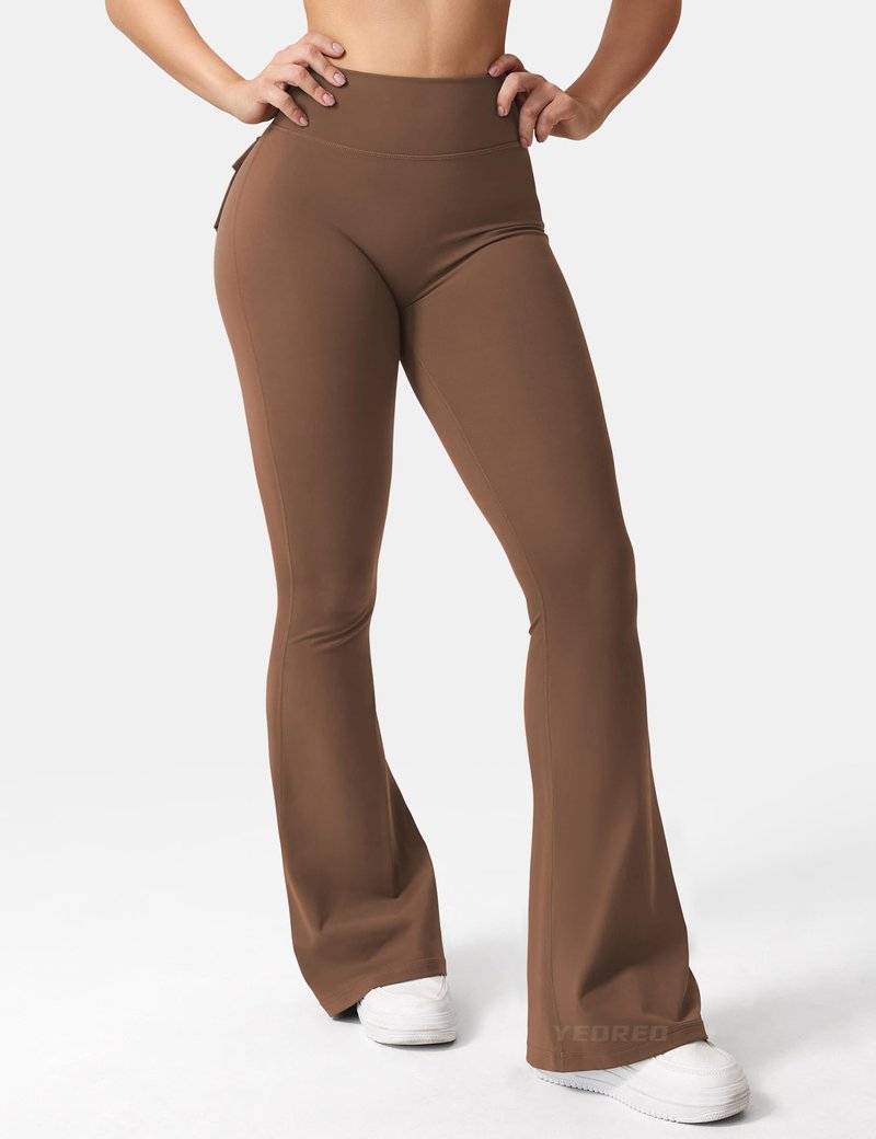 YEOREO CoreFlex Flare Leggings with Pockets for Women Scrunch Workout Leggings Butt Lifting Gym Yoga Pants Brown