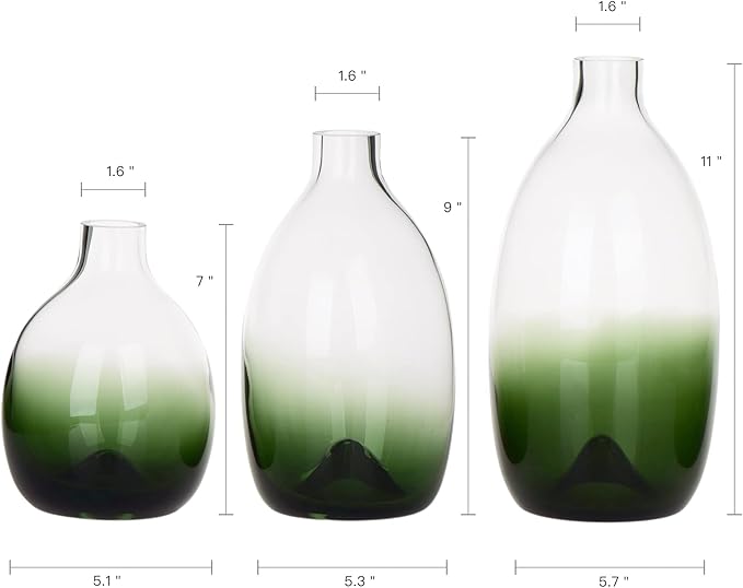 CONVIVA Modern Green Vase Set, Glass Flower vases,Large Decorative Centerpieces Kitchen Island Dining Table Living Sunroom Office Tabletop Set of 3,11"+9"+7" H