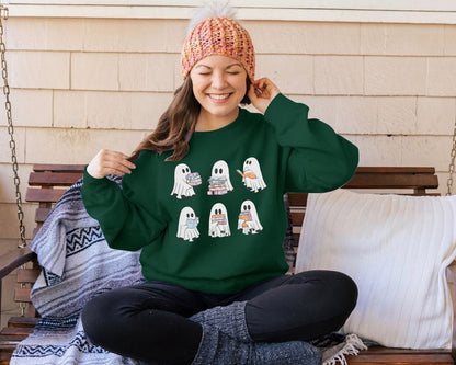 UNIQUEONE Halloween Sweatshirts for Women Ghost Reading Books Sweater Cute Spooky Bookish Shirt Fall Pullover Long Sleeve Tops Green