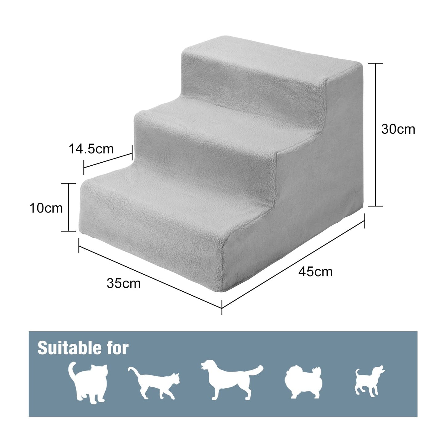 Youyijia Dog Steps 3 Steps Pet Stair Step for Bed 45x35x30cm Pet Stairs Pet Ladder with Washable Non Slip Plush Cloth Cover for Dogs and Cats (Grey)