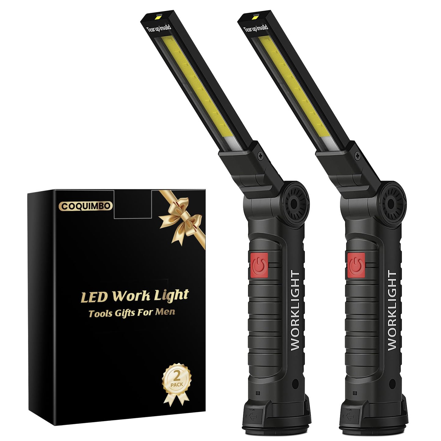 Coquimbo Mens Valentines Day Tool Gifts for Him Boyfriend Husband, Rechargeable LED Work Light BBQ Grill with Magnetic Base Hook, 360° Rotate Mechanic Flashlight Dad Birthday Gifts (2 Pack Black)