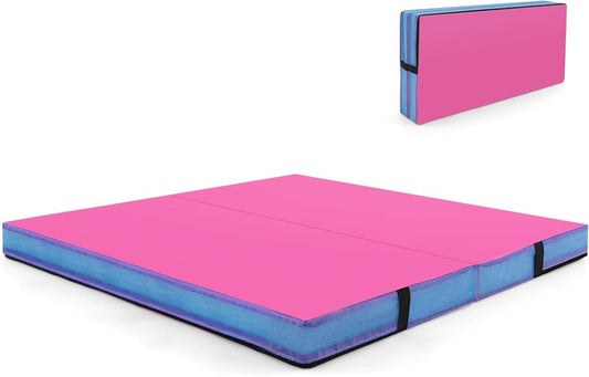 Goplus Thick Folding Gymnastic Mat - 4" Bi-Fold Fitness Mat with Carrying Handles & PU Leather Cover | Ideal for Home Gym Workouts