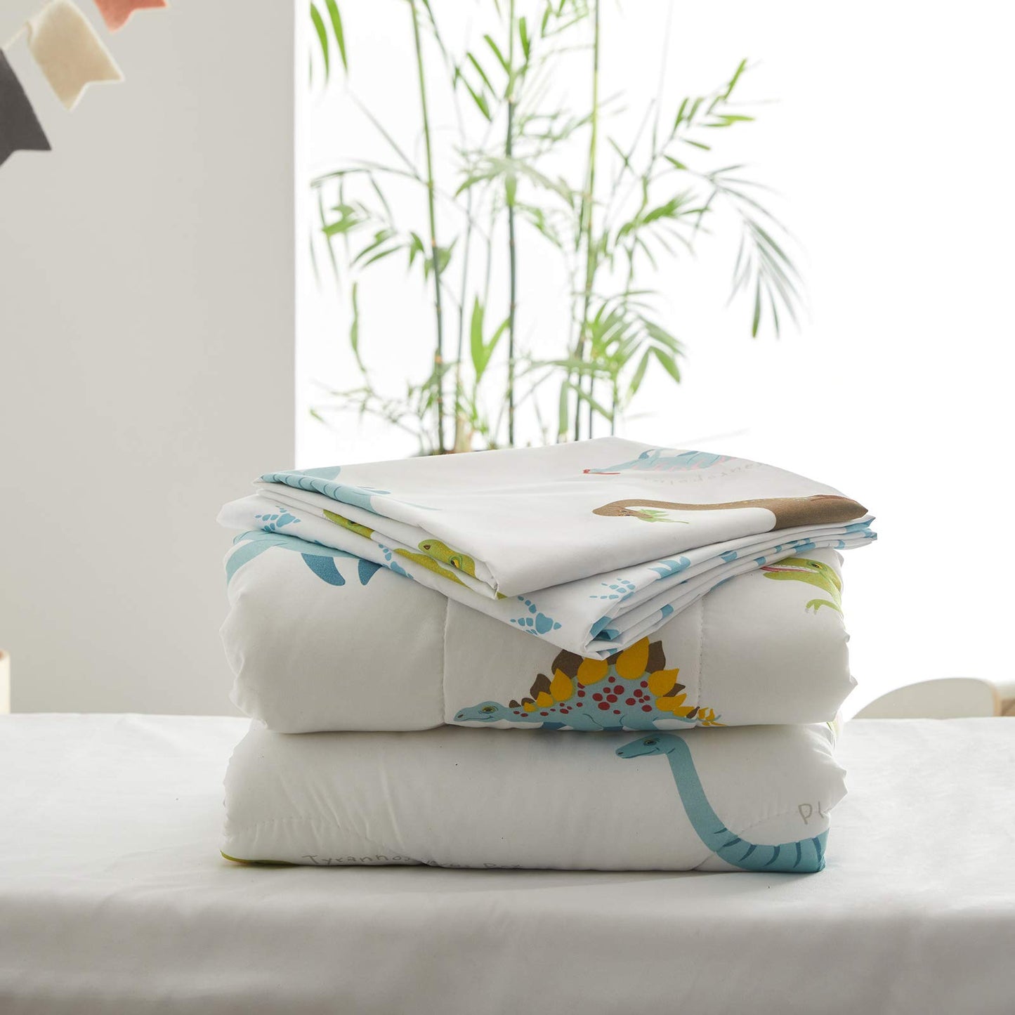 4 Pieces Toddler Bedding Set Dinosaur White with Colorful Dinos and Monsters Toddler Comforter Sheet Set for Autumu and Winter Includes Comforter, Flat Sheet, Fitted Sheet and Pillowcase