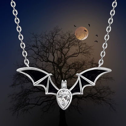 Halloween Bat Necklace for Women Sterling Silver 925 Bat Pendant Necklaces Charms Gothic Black Bats Jewelry CZ Crystal Dainty Vampire Witch Christmas Gifts
