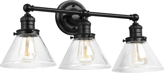 Design House Augustin Vanity Light, 3-Light, Seeded Glass Warm Glow, Dimmable, Up/Down Glow, Easy Installation, E26 Socket, Black, 25.9 in L x 8.3 in D x 11.1 in H, 589036-BLK