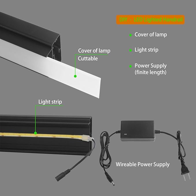 Outdoor Stair Railing Kit with LED Lighting - Aluminum Handrail for 3-4 Steps, Waterproof & Easy Install for Deck, Porch, Garden