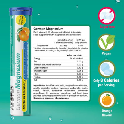 Magnesium 200 mg - 5 x 20 effervescent Tablets - Orange Flavor - T&D Pharma German Magnesium - Made in Germany