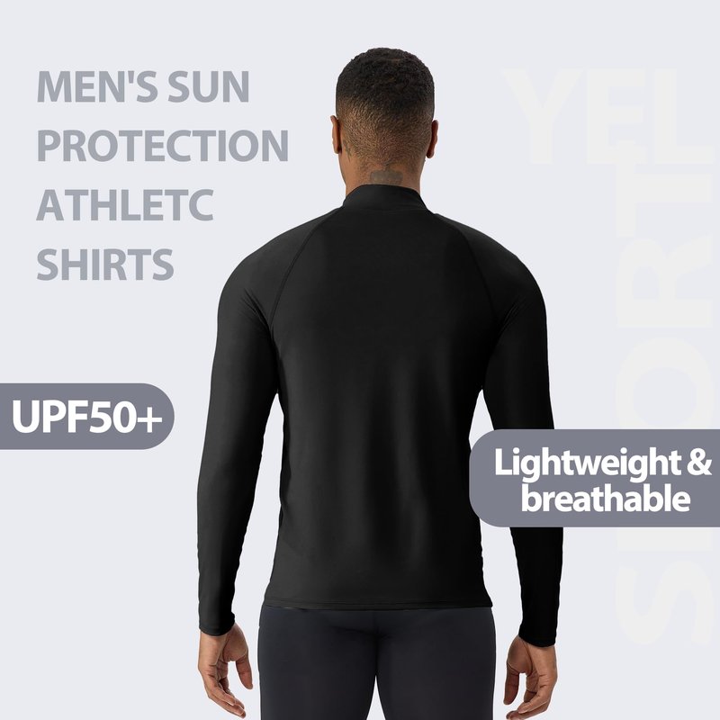 YEL Men's Long Sleeve Athletic Shirt 1/4 Pullover Zip Sun Protection Rash Guard UPF 50+ Golf Fishing Running T-Shirts Black