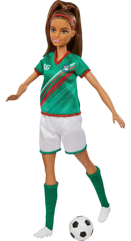 Barbie Careers Fashion Doll & Accessory, Soccer Player with Brunette Ponytail, #16 Uniform, Tall Socks, Cleats & Ball
